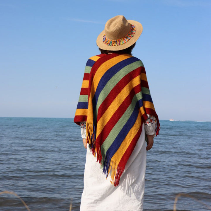 Scialle con nappe, pullover invernale, sciarpa da viaggio avvolgente, motivo a strisce colorate tibetane , Buddha Stones