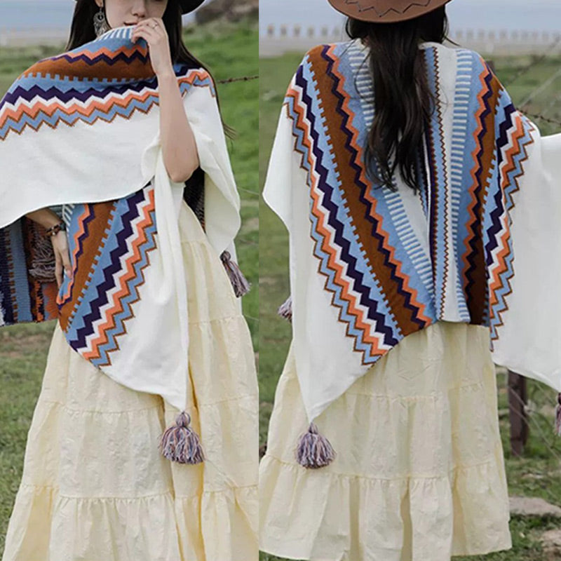 Sciarpa da viaggio calda e accogliente con nappe, scialle a righe colorate tibetano Buddha Stones