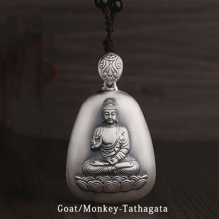 Collana Buddha Stones in argento sterling 999 con ciondolo incisa con ciondolo a forma di cuore con ciondolo a forma di Buddha con zodiaco cinese