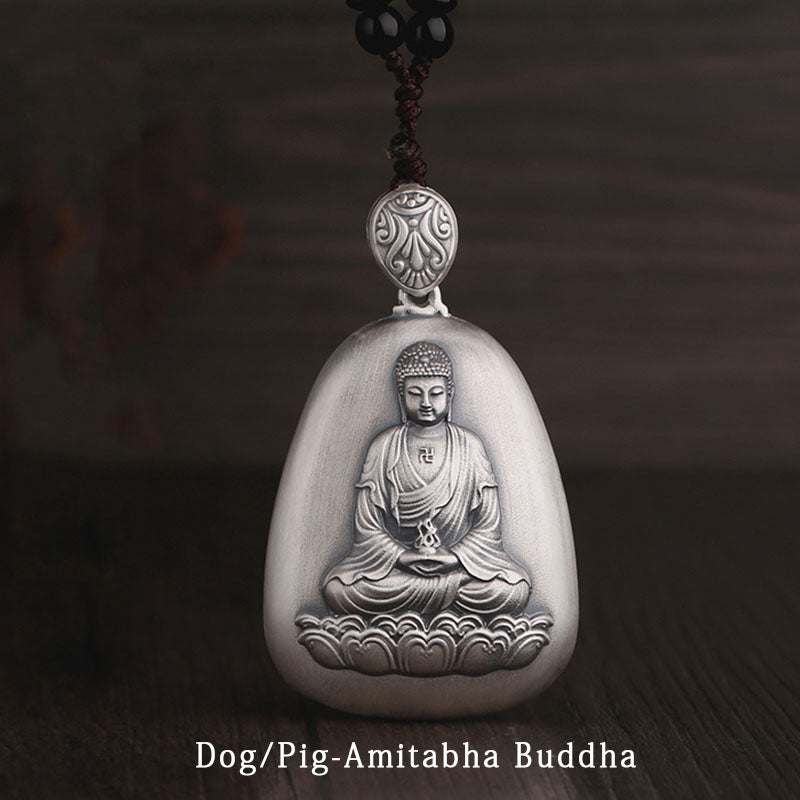 Collana Buddha Stones in argento sterling 999 con ciondolo incisa con ciondolo a forma di cuore con ciondolo a forma di Buddha con zodiaco cinese