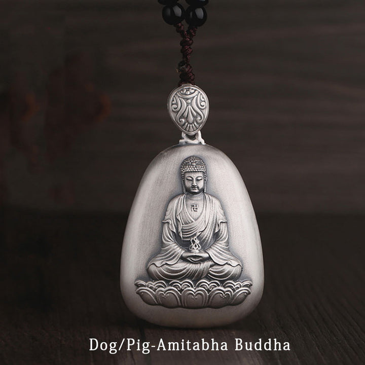 Collana Buddha Stones in argento sterling 999 con ciondolo incisa con ciondolo a forma di cuore con ciondolo a forma di Buddha con zodiaco cinese
