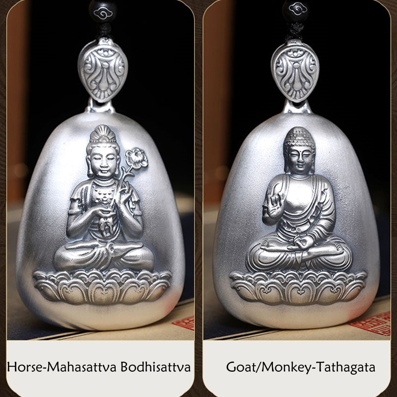 Collana Buddha Stones in argento sterling 999 con ciondolo incisa con ciondolo a forma di cuore con ciondolo a forma di Buddha con zodiaco cinese