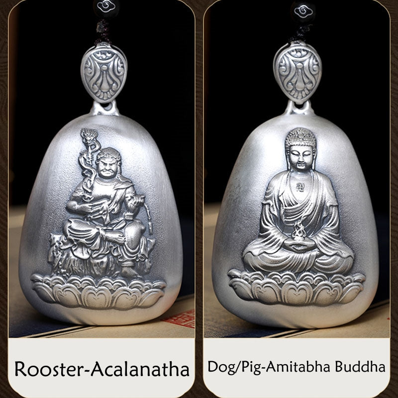 Collana Buddha Stones in argento sterling 999 con ciondolo incisa con ciondolo a forma di cuore con ciondolo a forma di Buddha con zodiaco cinese