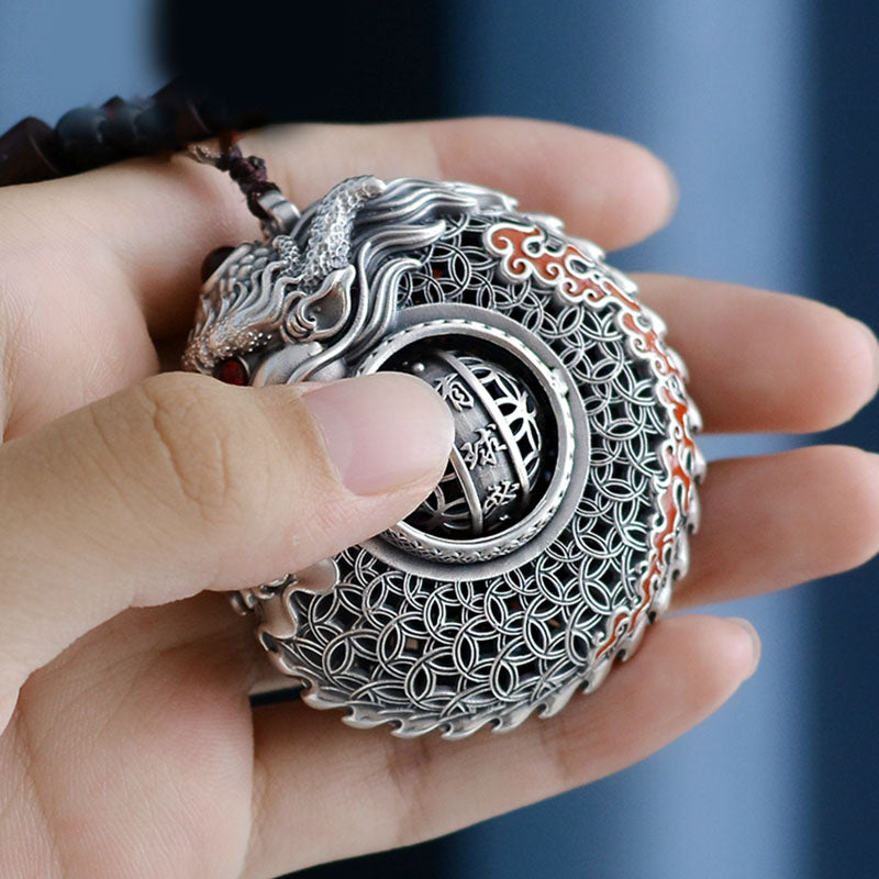 Buddha Stones 999 Argento Sterling Anno del Drago Sfera Rotante Cinque Elementi Moneta di Rame Forza Decorazione Appesa