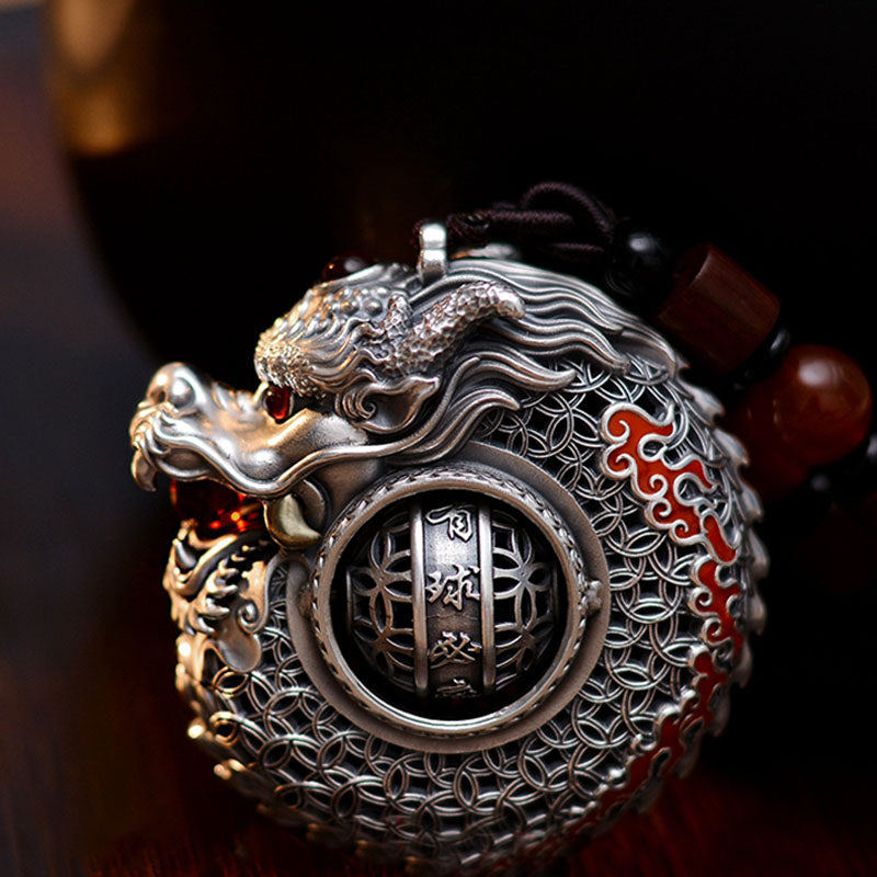 Buddha Stones 999 Argento Sterling Anno del Drago Sfera Rotante Cinque Elementi Moneta di Rame Forza Decorazione Appesa - Argento Sterling 999 - image 0
