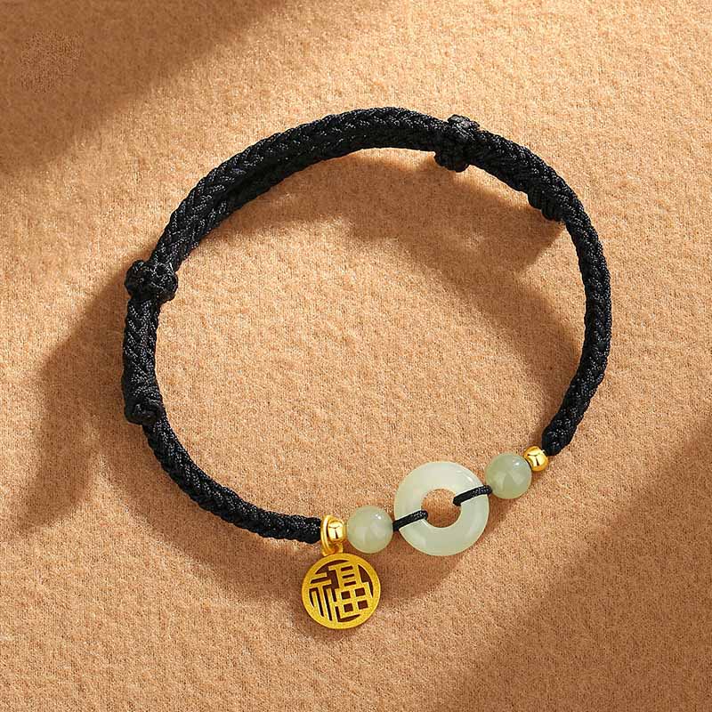 Braccialetto dell'abbondanza con ciondolo a forma di carattere Fu, fibbia della pace in argento sterling 925 con Buddha Stones e giada di Hetian