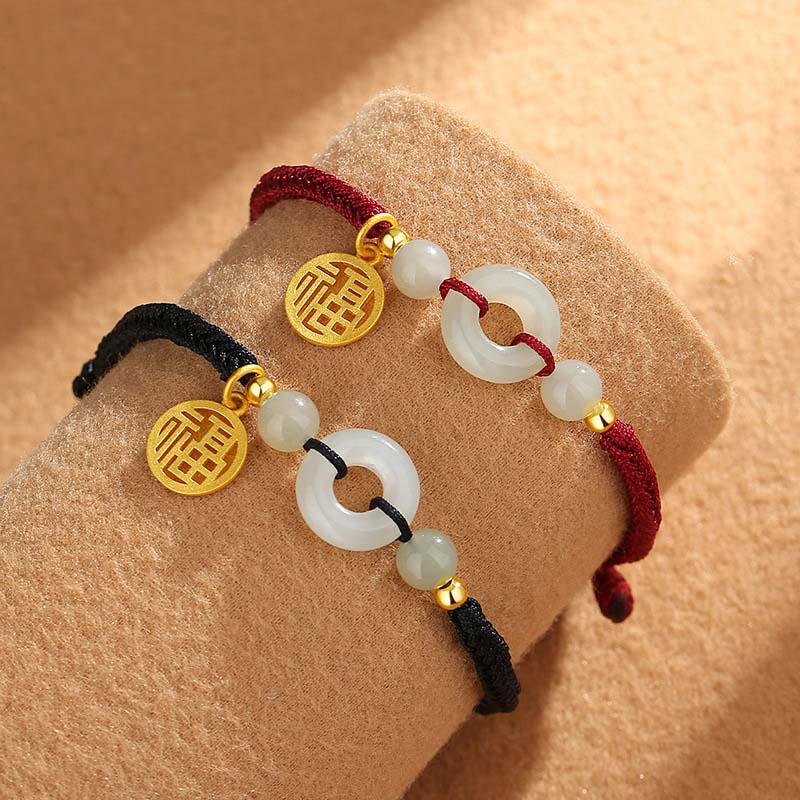 Braccialetto dell'abbondanza con ciondolo a forma di carattere Fu, fibbia della pace in argento sterling 925 con Buddha Stones e giada di Hetian