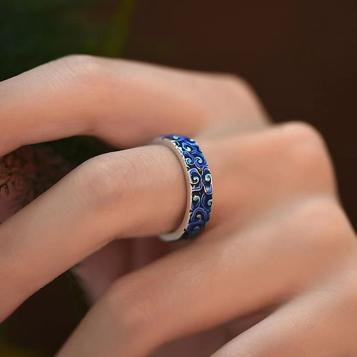 Anello regolabile in rame curativo con design di nuvole di buon auspicio blu Buddha Stones