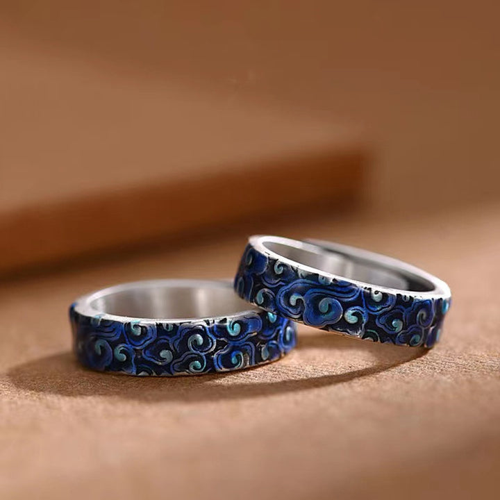 Anello regolabile in rame curativo con design di nuvole di buon auspicio blu Buddha Stones