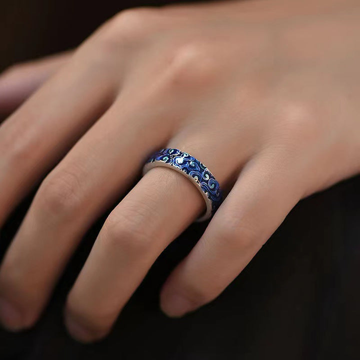 Anello regolabile in rame curativo con design di nuvole di buon auspicio blu Buddha Stones