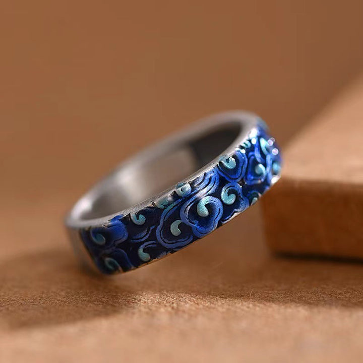 Anello regolabile in rame curativo con design di nuvole di buon auspicio blu Buddha Stones