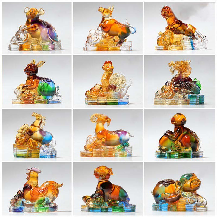 Buddha Stones Anno del Drago Fatto a mano 12 Zodiaco cinese Liuli Cristallo Arte Pezzo Protezione Casa Ufficio Decorazione
