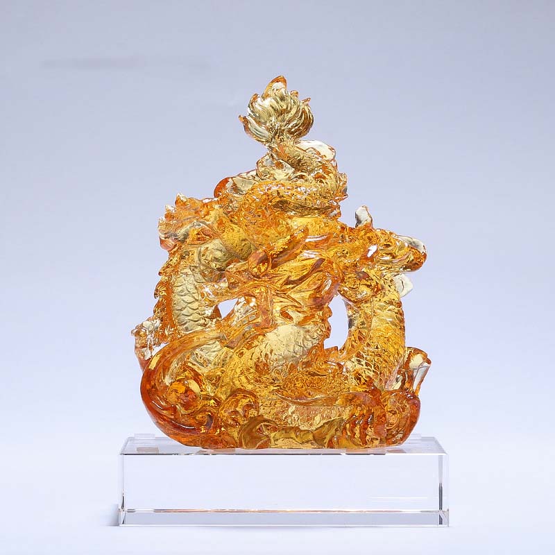 Buddha Stones Anno del Drago Fatto a mano Liuli Cristallo Arte Pezzo Protezione Casa Ufficio Decorazione Con Base