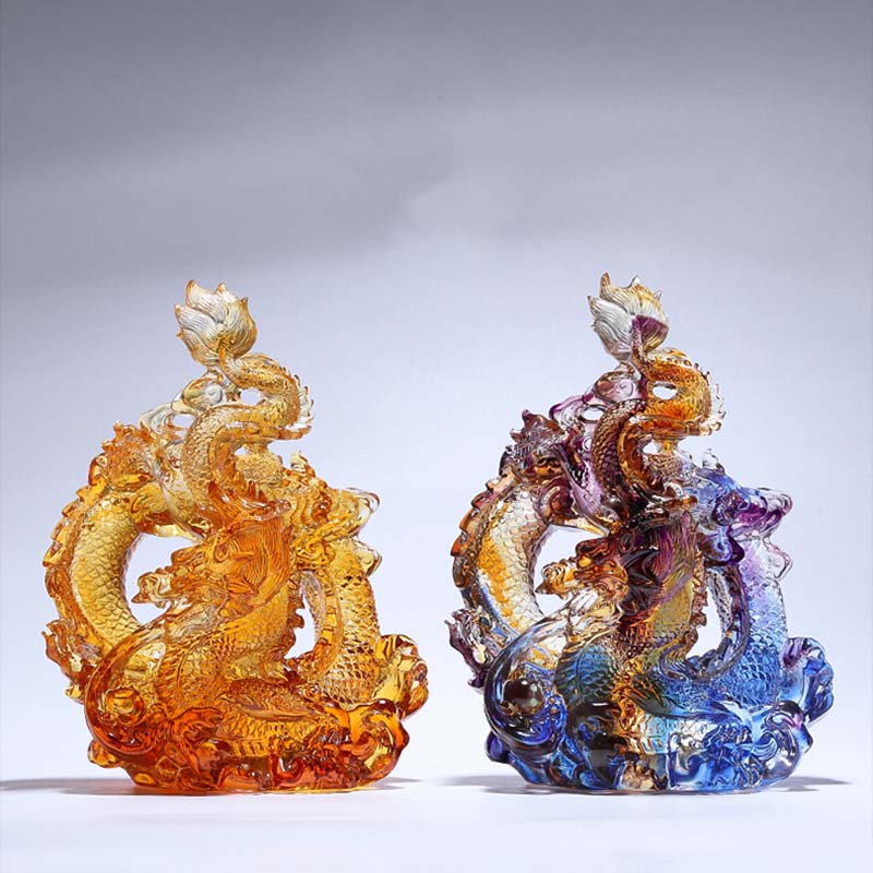 Buddha Stones Anno del Drago Fatto a mano Liuli Cristallo Arte Pezzo Protezione Casa Ufficio Decorazione Con Base