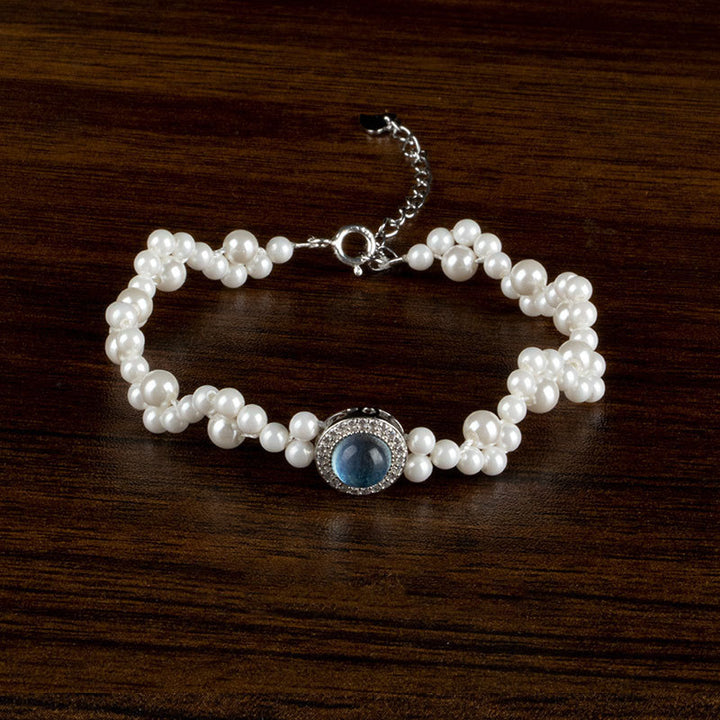 Buddha Stones 925 Sterling Silver Perla Calcedonio Blu Guarigione Catena Bracciale Anello