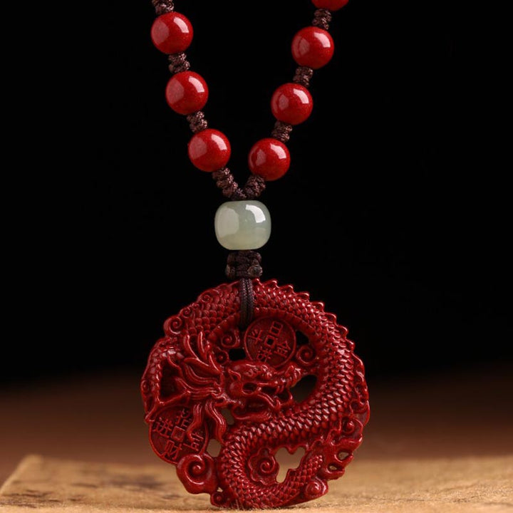 Buddha Stones Anno del Drago Cinabro Naturale Giada Hetian Perlina Moneta di Rame Attrae Ricchezza Forza Collana Pendente