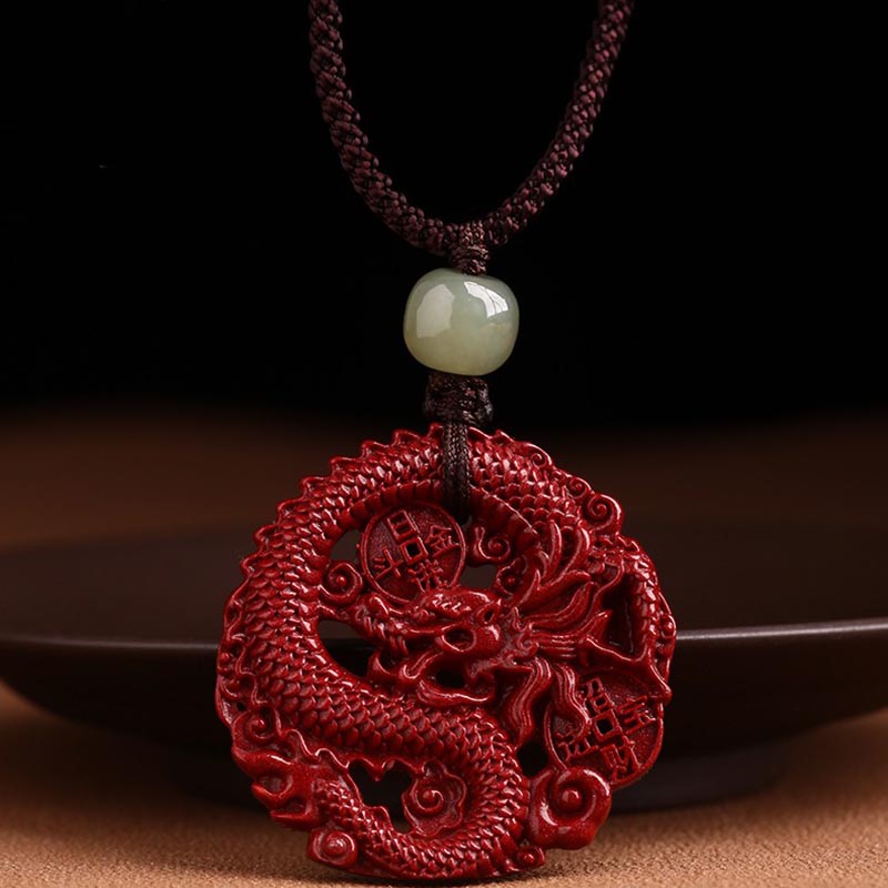 Buddha Stones Anno del Drago Cinabro Naturale Giada Hetian Perlina Moneta di Rame Attrae Ricchezza Forza Collana Pendente