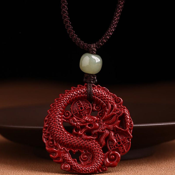 Buddha Stones Anno del Drago Cinabro Naturale Giada Hetian Perlina Moneta di Rame Attrae Ricchezza Forza Collana Pendente