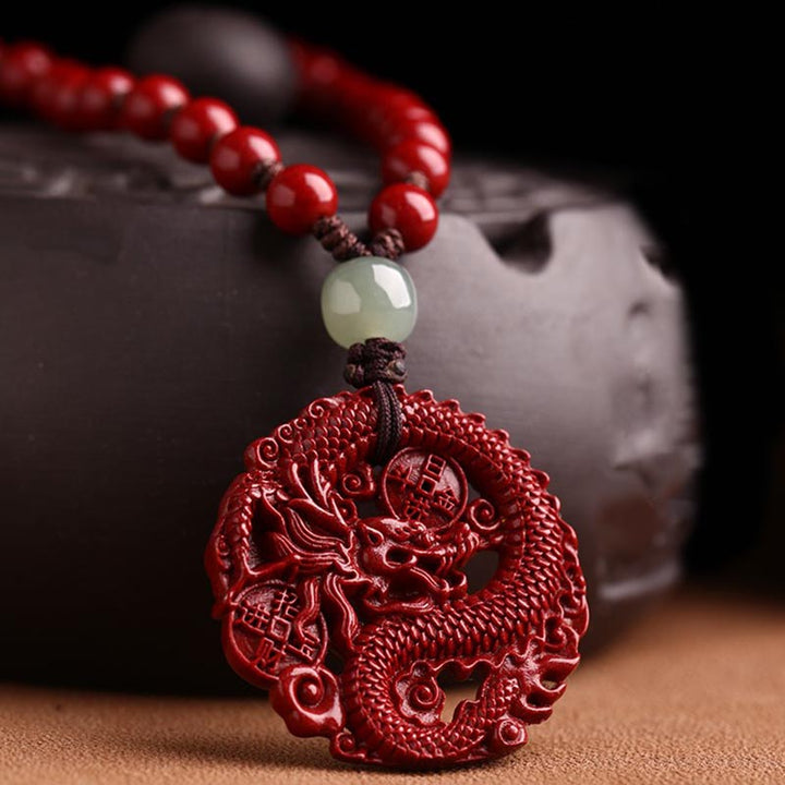 Buddha Stones Anno del Drago Cinabro Naturale Giada Hetian Perlina Moneta di Rame Attrae Ricchezza Forza Collana Pendente