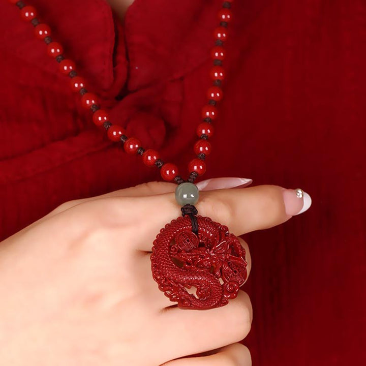 Buddha Stones Anno del Drago Cinabro Naturale Giada Hetian Perlina Moneta di Rame Attrae Ricchezza Forza Collana Pendente