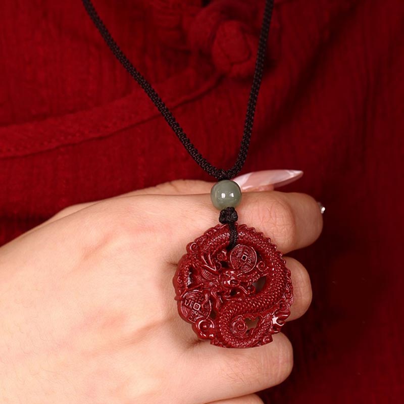 Buddha Stones Anno del Drago Cinabro Naturale Giada Hetian Perlina Moneta di Rame Attrae Ricchezza Forza Collana Pendente