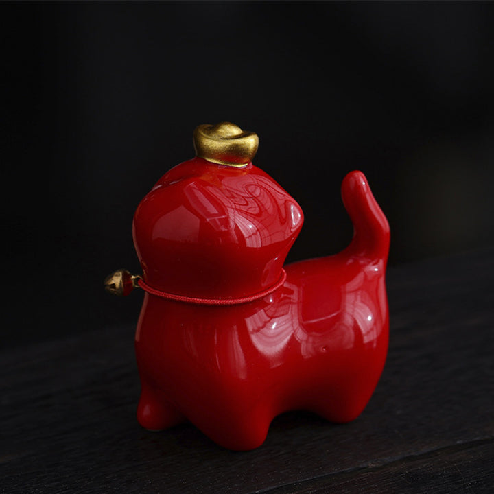 Buddha Stones Mini Lucky Cat Lingotto Tè Animale Domestico Ceramica Casa Scrivania Figurina Decorazione - Gatto fortunato rosso 5,5*3,2*6 cm - image 4