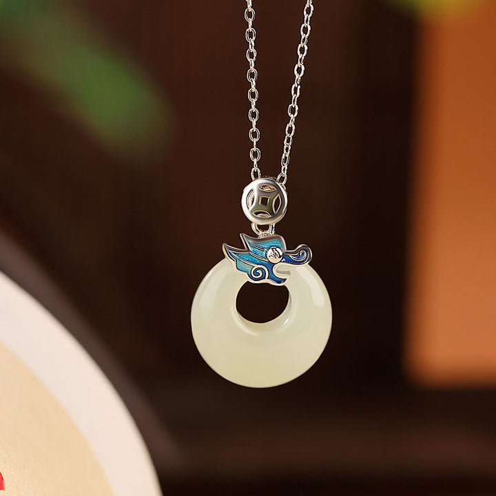 Buddha Stones 925 Sterling Argento Placcato Oro Anno del Drago Hetian Giada Pace Fibbia Moneta di Rame Abbondanza Collana Pendente