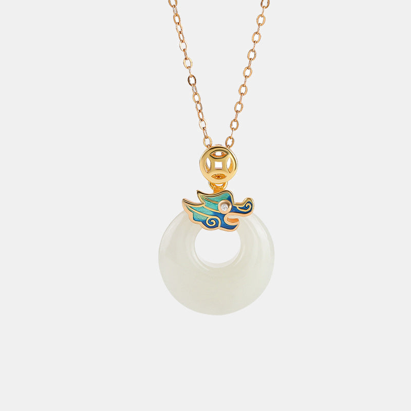 Buddha Stones 925 Sterling Argento Placcato Oro Anno del Drago Hetian Giada Pace Fibbia Moneta di Rame Abbondanza Collana Pendente - image 5