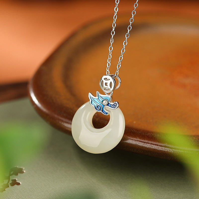 Buddha Stones 925 Sterling Argento Placcato Oro Anno del Drago Hetian Giada Pace Fibbia Moneta di Rame Abbondanza Collana Pendente