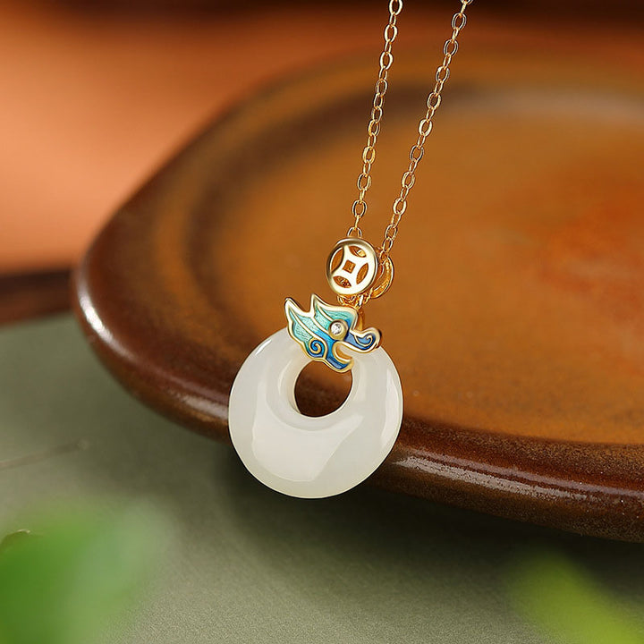 Buddha Stones 925 Sterling Argento Placcato Oro Anno del Drago Hetian Giada Pace Fibbia Moneta di Rame Abbondanza Collana Pendente