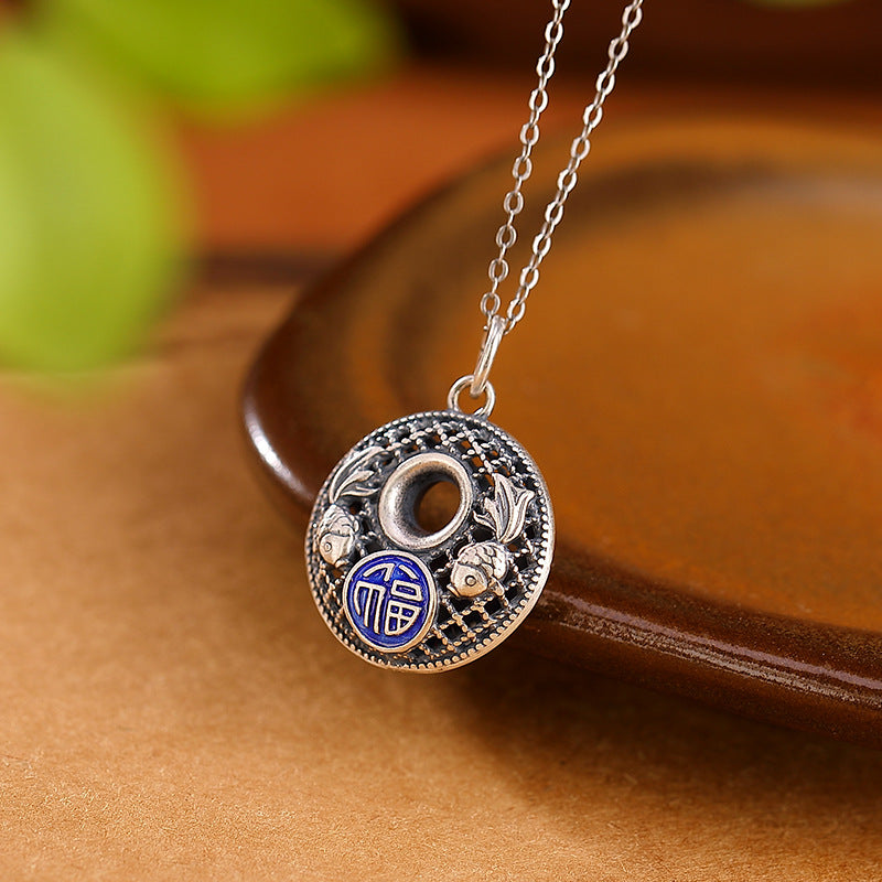 Collana con ciondolo Buddha Stones 999 Sterling Silver Koi Fish Fu Character Lotus Peace Buckle Wealth