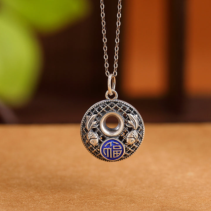 Collana con ciondolo Buddha Stones 999 Sterling Silver Koi Fish Fu Character Lotus Peace Buckle Wealth