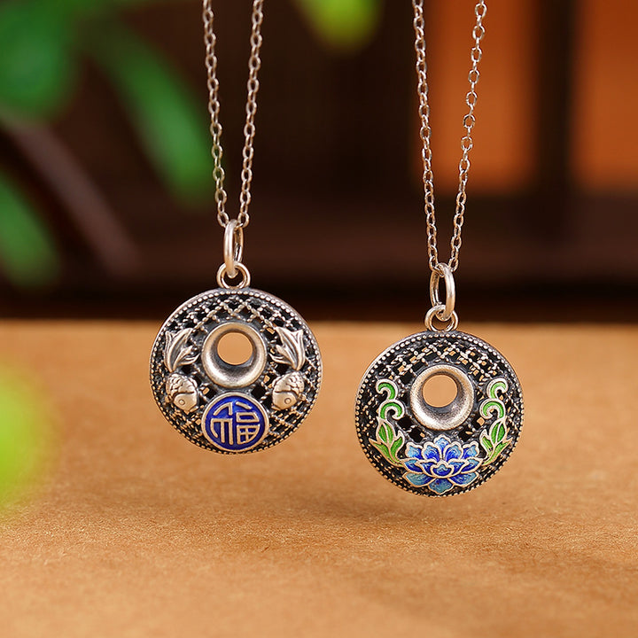 Collana con ciondolo Buddha Stones 999 Sterling Silver Koi Fish Fu Character Lotus Peace Buckle Wealth