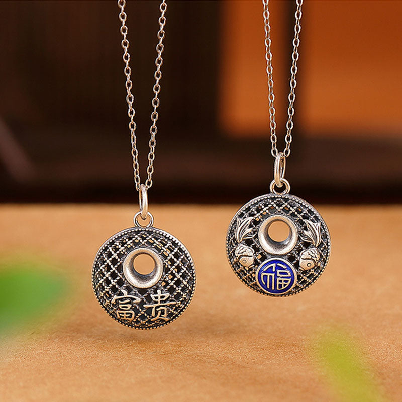 Collana con ciondolo Buddha Stones 999 Sterling Silver Koi Fish Fu Character Lotus Peace Buckle Wealth