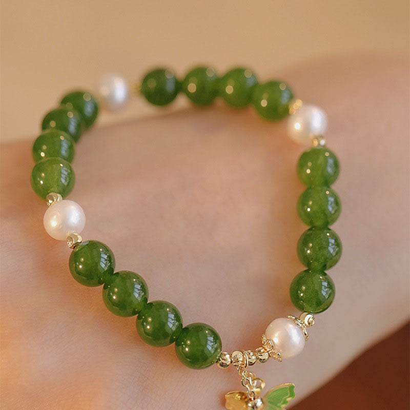 Bracciale Buddha Stones Calcedonio verde naturale Perla Farfalla Coraggio Forza