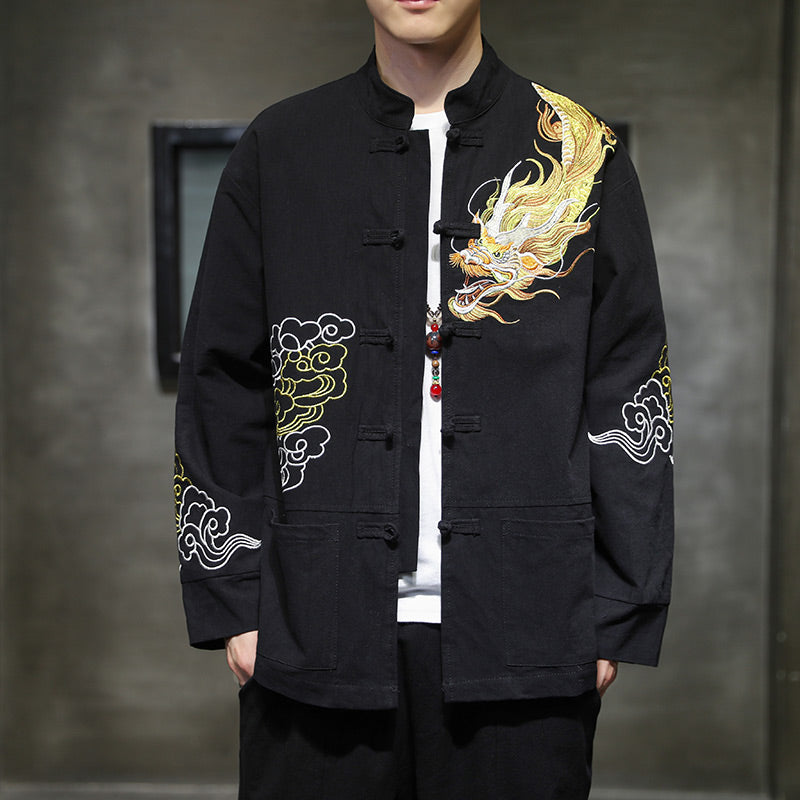Buddha Stones Drago Nuvola di Buon Auspicio Ricamo Abbigliamento Cinese Tang Giacca da Uomo Abbigliamento - Nero - US/UK/AU48, EU58 (5XL) - image 0