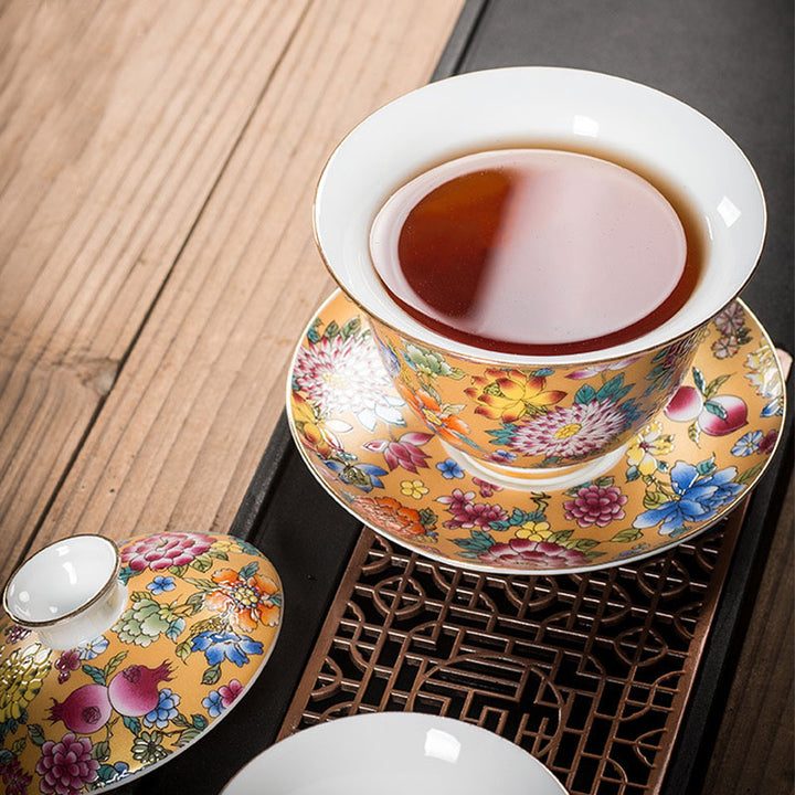Buddha Stones Peony Flowers Ceramic Gaiwan Sancai Tazza da tè Kung Fu Tazza da tè e piattino con coperchio