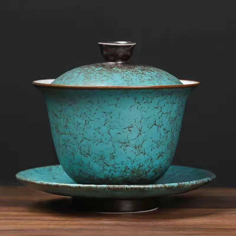 Buddha Stones tradizionale pino verde ceramica Gaiwan Sancai tazza da tè Kung Fu tazza da tè e piattino con coperchio