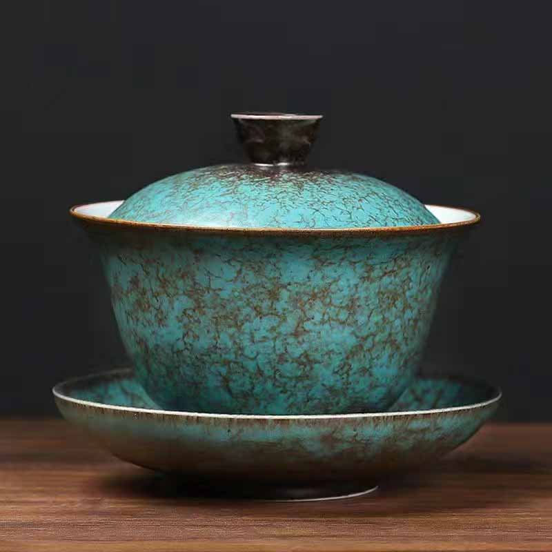 Buddha Stones tradizionale pino verde ceramica Gaiwan Sancai tazza da tè Kung Fu tazza da tè e piattino con coperchio