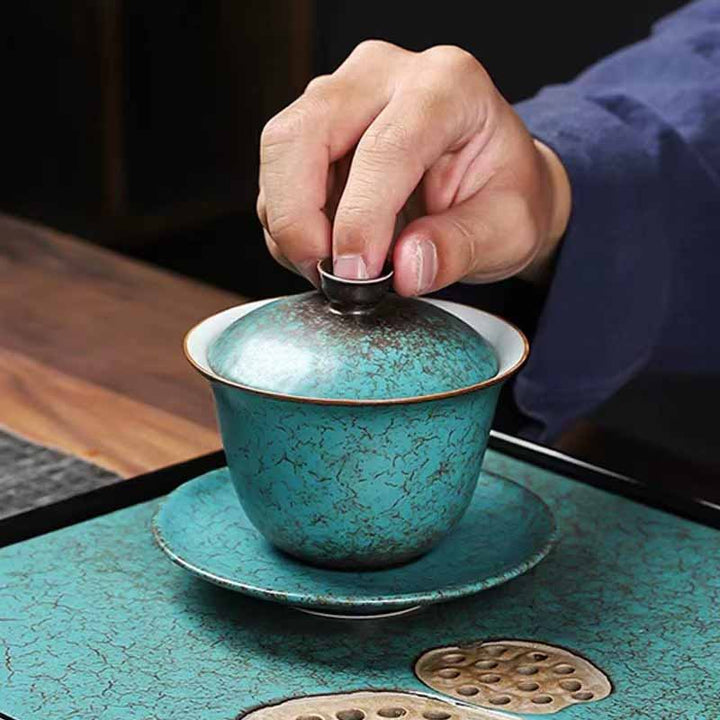 Buddha Stones tradizionale pino verde ceramica Gaiwan Sancai tazza da tè Kung Fu tazza da tè e piattino con coperchio