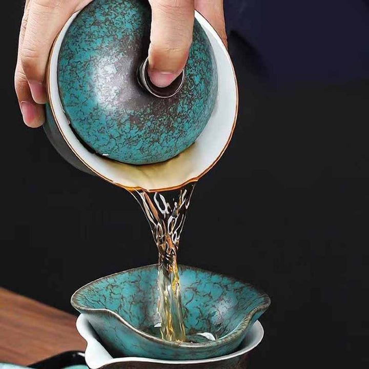 Buddha Stones tradizionale pino verde ceramica Gaiwan Sancai tazza da tè Kung Fu tazza da tè e piattino con coperchio