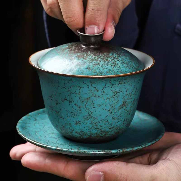 Buddha Stones tradizionale pino verde ceramica Gaiwan Sancai tazza da tè Kung Fu tazza da tè e piattino con coperchio