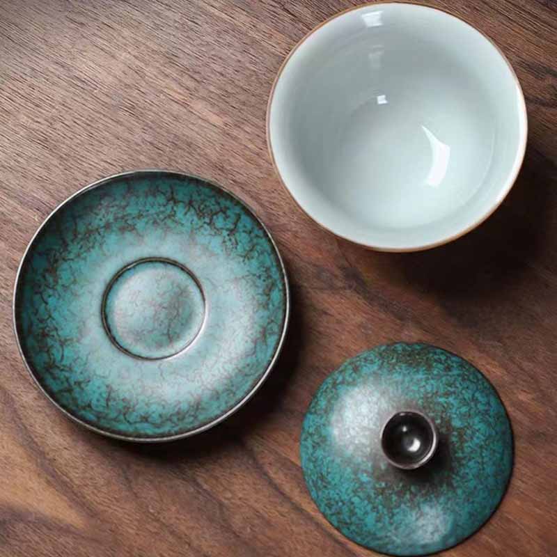 Buddha Stones tradizionale pino verde ceramica Gaiwan Sancai tazza da tè Kung Fu tazza da tè e piattino con coperchio