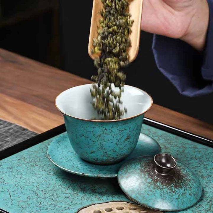 Buddha Stones tradizionale pino verde ceramica Gaiwan Sancai tazza da tè Kung Fu tazza da tè e piattino con coperchio