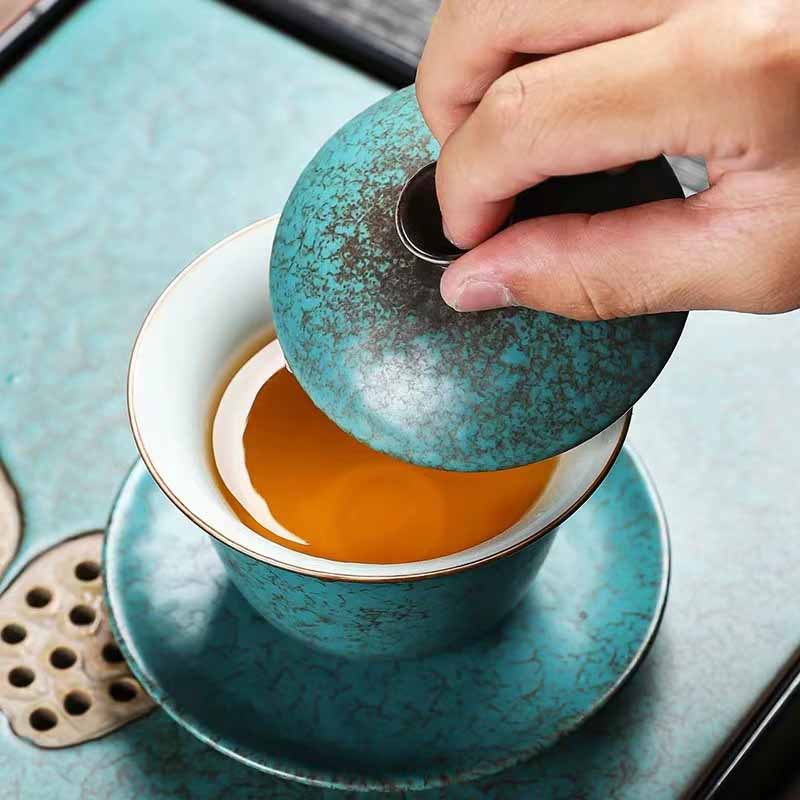Buddha Stones tradizionale pino verde ceramica Gaiwan Sancai tazza da tè Kung Fu tazza da tè e piattino con coperchio