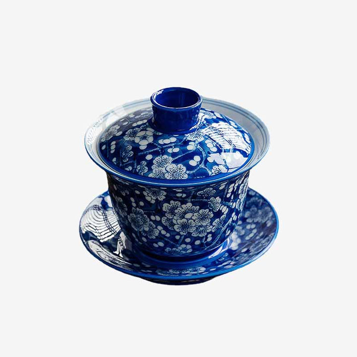 Buddha Stones Plum Blossom Blu e Bianco Porcellana Ceramica Gaiwan Sancai Tazza da Tè Kung Fu Tazza da Tè e Piattino con Coperchio 185ml