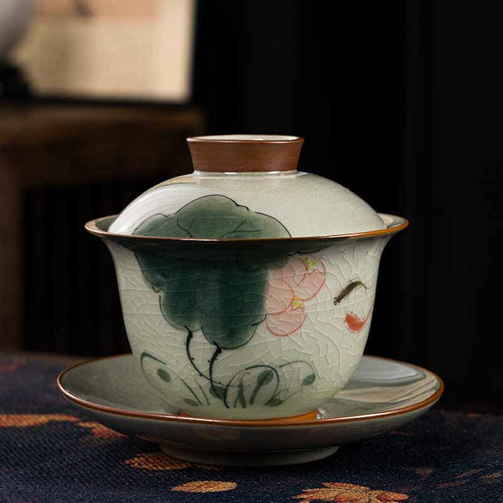 Buddha Stones Lotus Koi Fish Pod Leaf Ceramic Gaiwan Sancai Tazza da tè Kung Fu Tazza da tè e piattino con coperchio 140ml