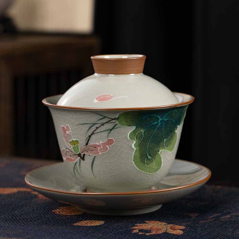Buddha Stones Lotus Koi Fish Pod Leaf Ceramic Gaiwan Sancai Tazza da tè Kung Fu Tazza da tè e piattino con coperchio 140ml