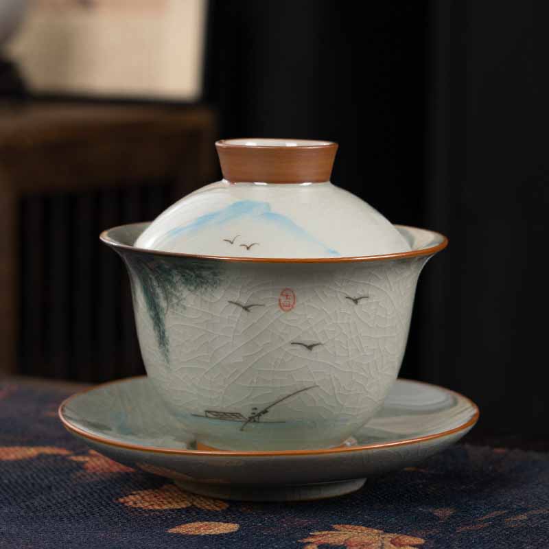 Buddha Stones Lotus Koi Fish Pod Leaf Ceramic Gaiwan Sancai Tazza da tè Kung Fu Tazza da tè e piattino con coperchio 140ml