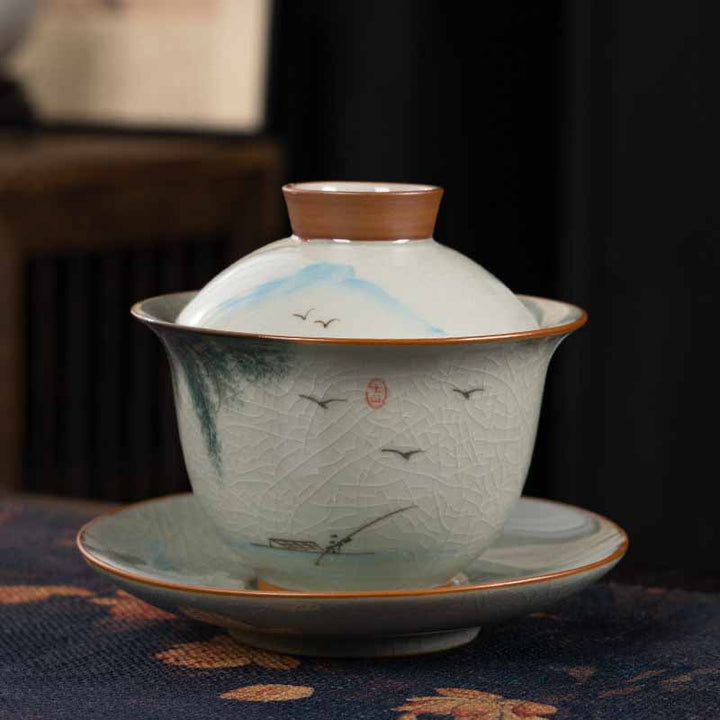 Buddha Stones Lotus Koi Fish Pod Leaf Ceramic Gaiwan Sancai Tazza da tè Kung Fu Tazza da tè e piattino con coperchio 140ml